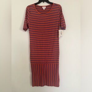 Lularoe Julia Dress Rust Orange Blue Stripes Medium New